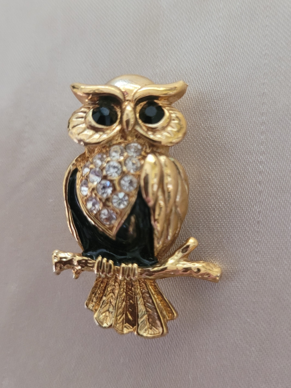 Vintage Gold & Black Owl Brooch Pin with Crystal Accents